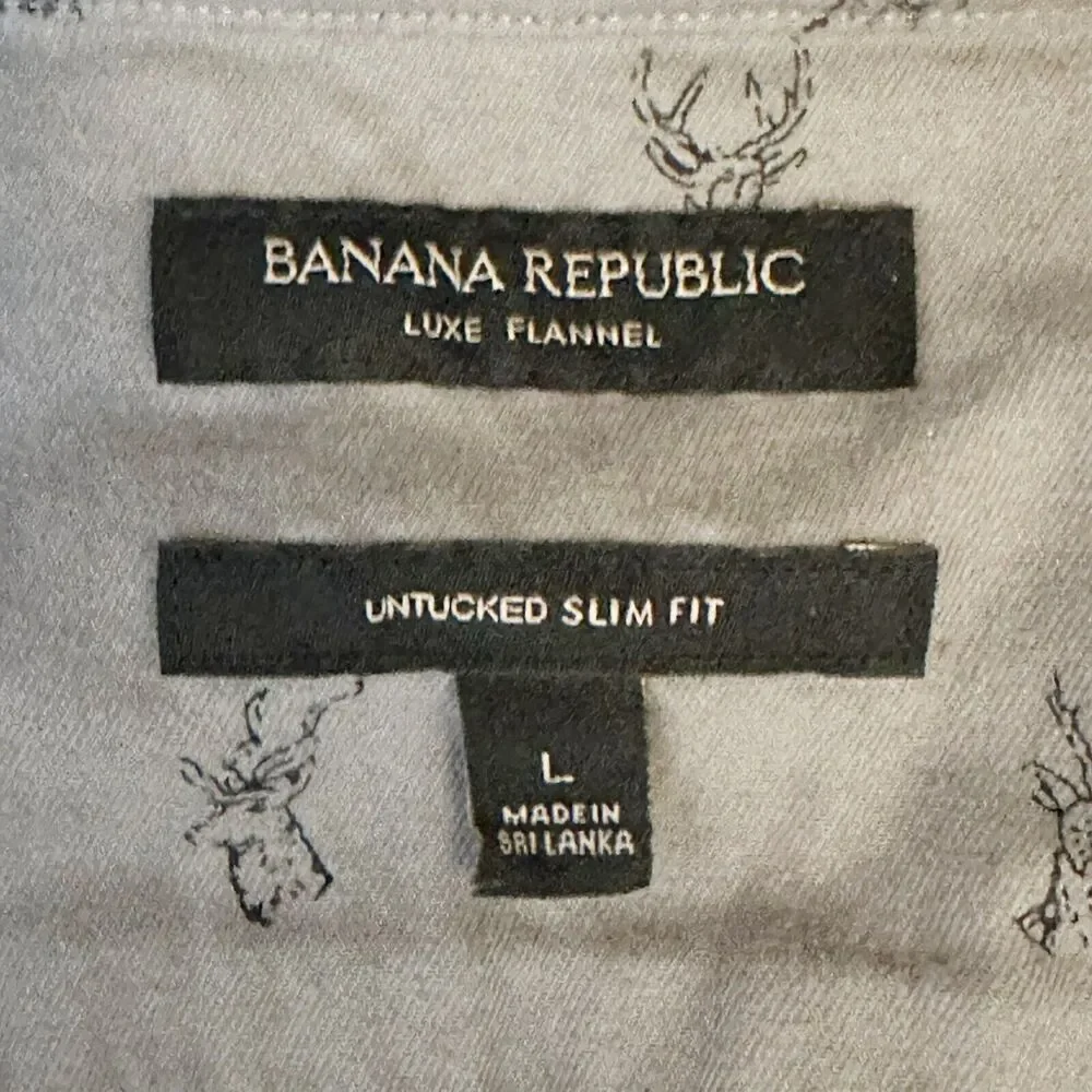 Banana Republic Luxe Flannel Shirt Mens Size L Gray Untucked Slim Fit Deer Stag